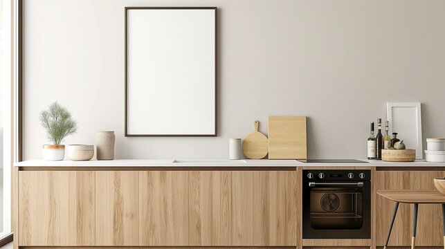 Frame mockup. Scandinavian kitchen interior design 