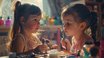 Two girls having fun painting each other's faces, perfect for children's activities - obrazy, fototapety, plakaty