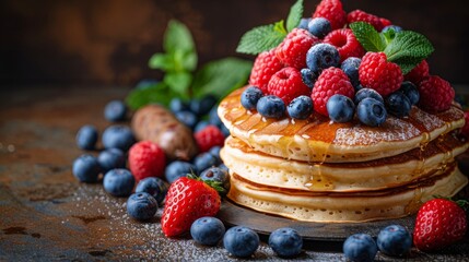 Stack of Pancakes With Fruit and Syrup