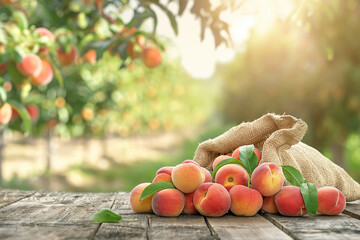 Ripe peaches in a burlap sack on a wooden table in the garden