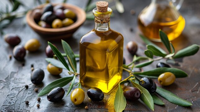 Olive oil and olive branch on the wooden table.