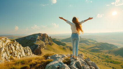 A woman standing on a mountaintop with outstretched arms. Women enjoying the mountains and feel free 