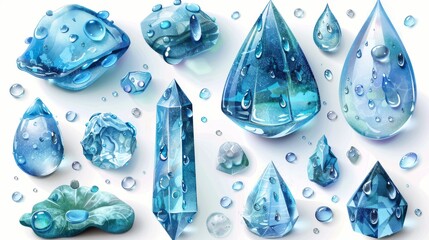 A modern realistic set of pure aqua liquid flows, condensation on cool surfaces with clear water drops, dew or dripping rain drops isolated on white backgrounds.