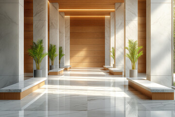 Fototapeta premium Hall room with marble bench wooden panel wall background