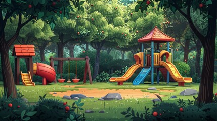 Cartoon picture of a kindergarten play ground with a seesaw, slider, sandpit, slide and swing in a garden or backyard during summer. Modern illustration of kindergarten play ground with a seesaw, - obrazy, fototapety, plakaty