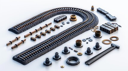 A modern realistic set of tram line, locomotive and wagon roadway with rails, fasteners and concrete ties. - obrazy, fototapety, plakaty