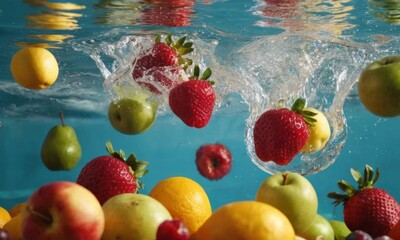 Food splashing in the water,Lots of fresh fruits concept for card with water splashes