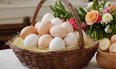 Fototapeta na wymiar eggs in a basket concept postcard