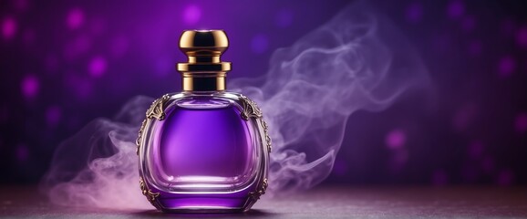 Obraz na płótnie Canvas A beautiful glass for womens perfume bottle on plain bright purple background with smoke fog and copyspace banner template from Generative AI