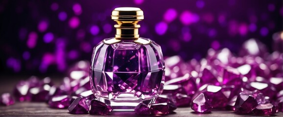 Obraz na płótnie Canvas bright purple gemstones crystals background with beautiful glass for womens perfume bottle copyspace banner template from Generative AI