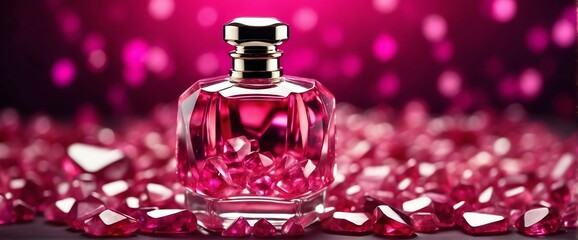 Obraz na płótnie Canvas bright pink gemstones crystals background with beautiful glass for womens perfume bottle copyspace banner template from Generative AI