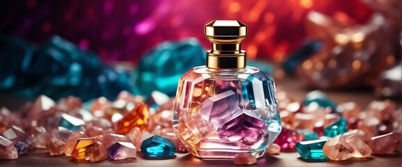 bright quartz gemstones crystals background with beautiful glass for womens perfume bottle copyspace banner template from Generative AI - obrazy, fototapety, plakaty