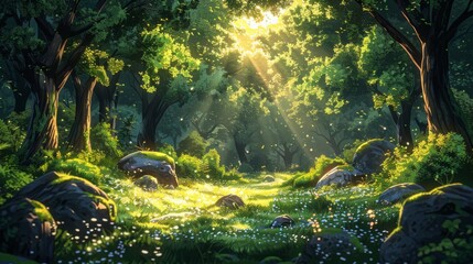 Modern illustration of a cartoon forest background with deciduous trees, moss on rocks, grass, bushes, and sunlight spots in the foreground. The scene is a summer or spring woodland parallax natural - obrazy, fototapety, plakaty