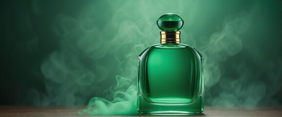 plain bright forest green background with beautiful glass for womens perfume bottle with smoke fog and copyspace banner template from Generative AI - obrazy, fototapety, plakaty