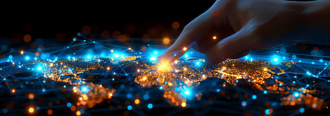 Hand pointing to the world map hologram with internet data connected to the global network.