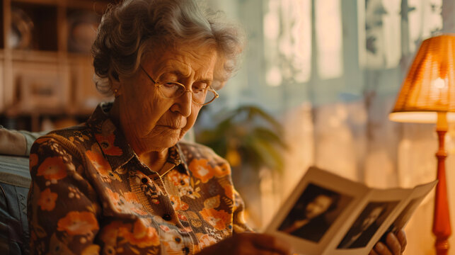 Elderly woman bathed in warm indoor lighting, nostalgically looking through old family photos and cherished memories. Senior woman reflects on family history and bonds as she looks at photographs.