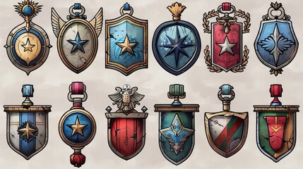 Game ranking badge set with stars. Modern cartoon illustration of award medals decorated with wings, stone, iron, silver, and gold textures. - obrazy, fototapety, plakaty