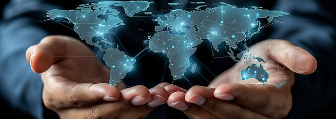 Hand pointing to the world map hologram with internet data connected to the global network.