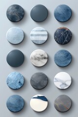A collection of blue and white buttons on a gray surface. Suitable for fashion or crafting projects