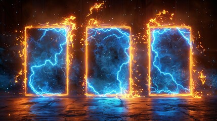 A set of lightning frames with electric borders in rectangular and square shapes. Isolated photo frames with thunderbolt impact, magical energy flash.