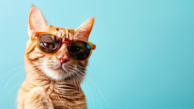 Portrait of funny ginger cat wearing glasses..