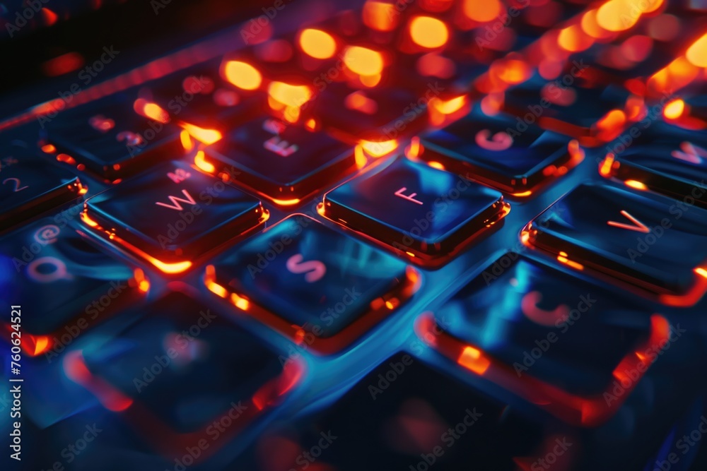 Poster a close up of a computer keyboard with glowing keys. ideal for technology concepts