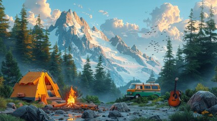 This modern landscape illustrates a summer camp with a bonfire, tent, van, backpack, chair, and guitar in a mountainous forest. The equipment can be used for hiking, camping, and activities. - obrazy, fototapety, plakaty
