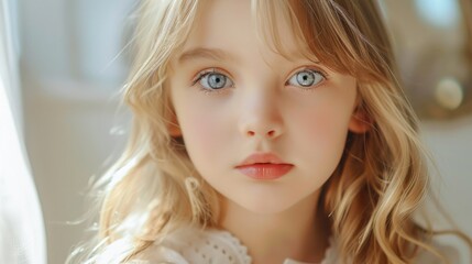 A young girl with captivating blue eyes looking directly at the camera. Perfect for children's portraits