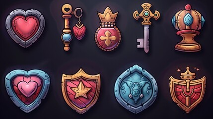 Symbols for gui of rpg computer or mobile game with shield, sword, coins, potions, star and lightning. Modern set. - obrazy, fototapety, plakaty