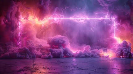 Decorative frame with neon violet toxic smoke and lightning discharges isolated on transparent background. Illustration of a rectangle glowing in the dark. - obrazy, fototapety, plakaty