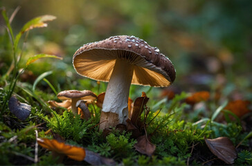 beautiful closeup of forest mushrooms in grass autumn