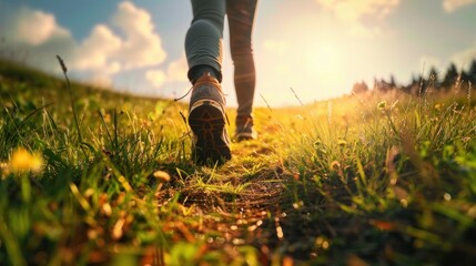 A closeup shot of a person walking on the pathway in the field under a bright sky - obrazy, fototapety, plakaty