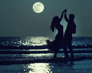 Couple dancing on a moonlit beach romantic moment captured in silhouette