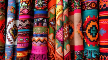 South American fabric pattern. Traditional vivid beautifully folded textile with ornaments - obrazy, fototapety, plakaty