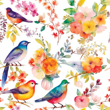 Watercolor hand drawn painting colorful birds seamless pattern. Spring summer vector background with branches, birds, flowers, leaves. Drawing watercolor repeat pattern for fabric, wallpapers, cards