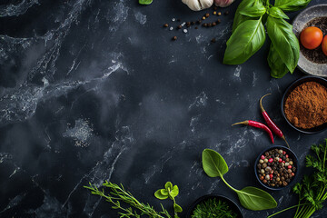 Top view of cooking herbs and spices on black marble table with copy space.