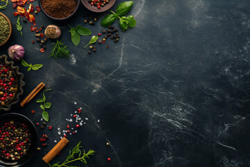 Top view of cooking herbs and spices on black marble table with copy space.