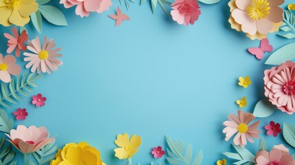 Fototapeta na wymiar Vibrant blue background with intricate paper flowers and leaves. Perfect for creative projects and design concepts