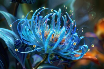 Close up of a beautiful blue flower with glistening water droplets. Perfect for nature and beauty concepts