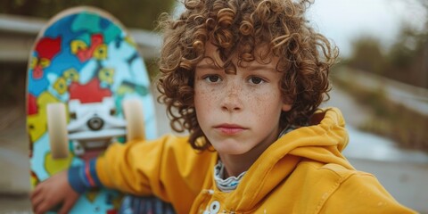 A young boy with curly hair holding a skateboard. Perfect for sports and leisure concepts