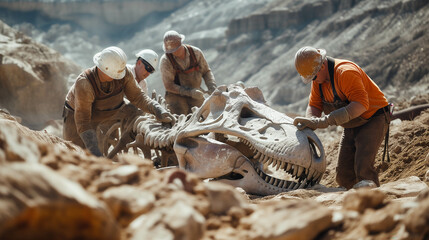 Archaeologists' excavation of dinosaur fossils. - obrazy, fototapety, plakaty