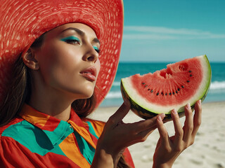 beautiful girl model on the beach eating watermelon.