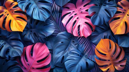 Colorful Tropical Leaves on Blue Background