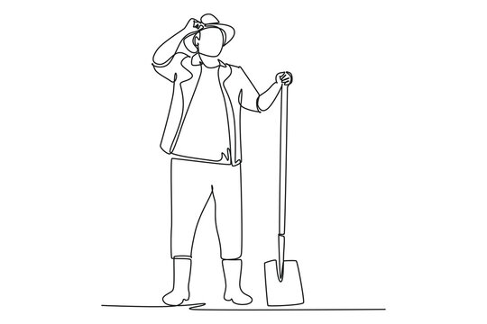 recommend clip art: Single one line drawing of mature farmer with a shovel. Farming challenge minimal concept. Continuous line draw design graphic vector illustration.