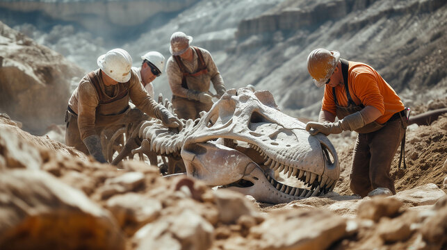 Fototapeta Archaeologists' excavation of dinosaur fossils.