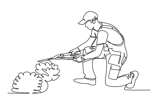 recommend clip art: Single one line drawing of Gardener Trimming Garden Plants. Farming challenge minimal concept. Continuous line draw design graphic vector illustration.