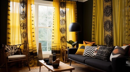 Hang black and yellow sheer curtains with a tribal-inspired print for global appeal.