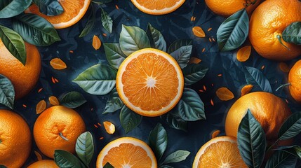 Group of Oranges on Green Leaves - obrazy, fototapety, plakaty