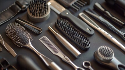 Various hair brushes and combs displayed on a table. Suitable for beauty and haircare concepts