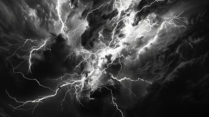 A dramatic black and white photo of a lightning storm. Perfect for weather or natural disaster concepts - obrazy, fototapety, plakaty
